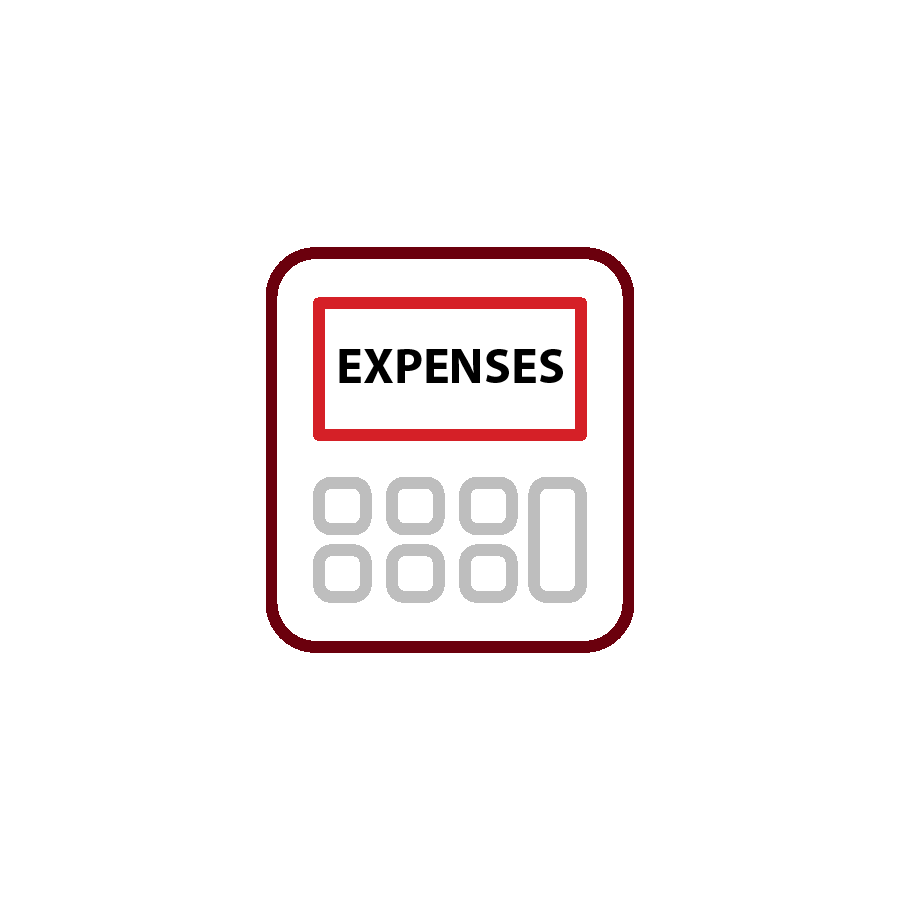 icon of a gray calculator with the word 'expenses' displayed on the calculator's display