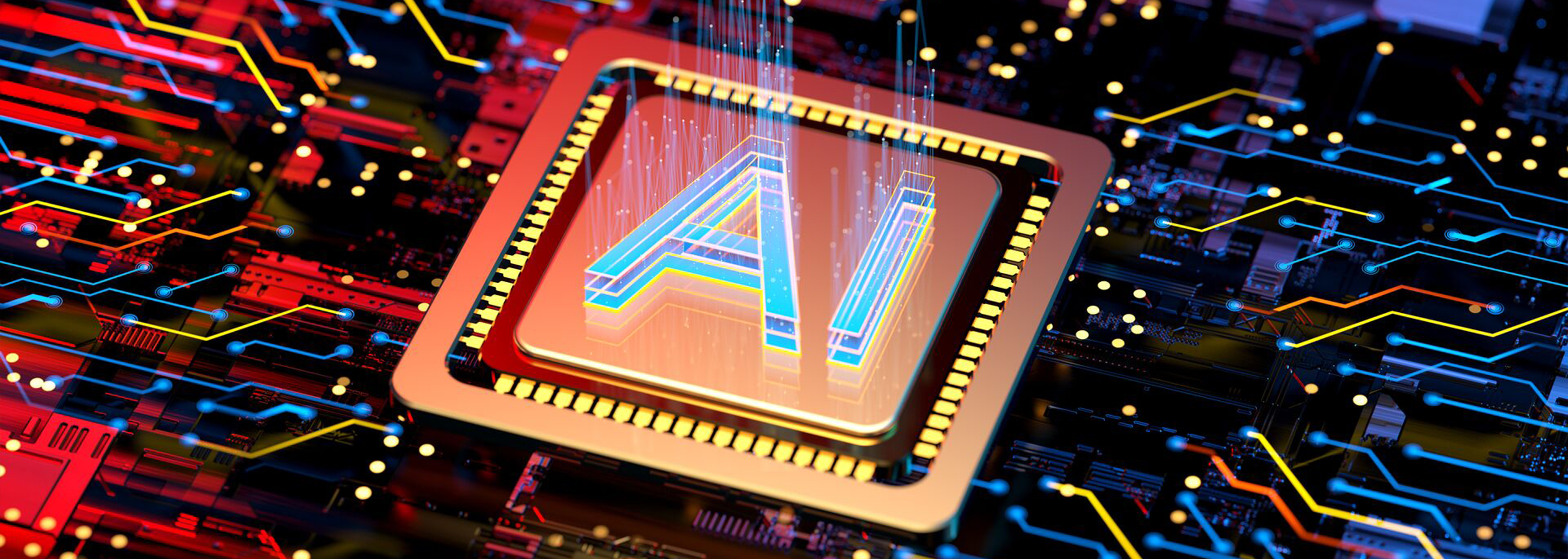 Close up of a glowing microchip with the letters AI rising from its center set on a colorful circuit board with bright traces and lights