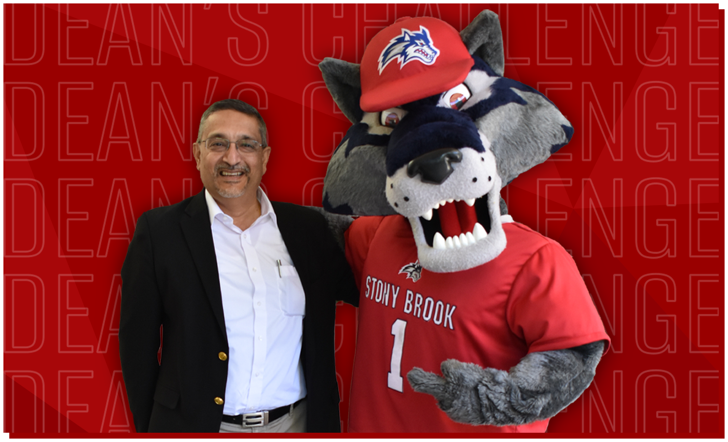 SUNY Stony Brook College of Business Dean Haresh Gurnani with Stony Brook University Mascot Wolfie