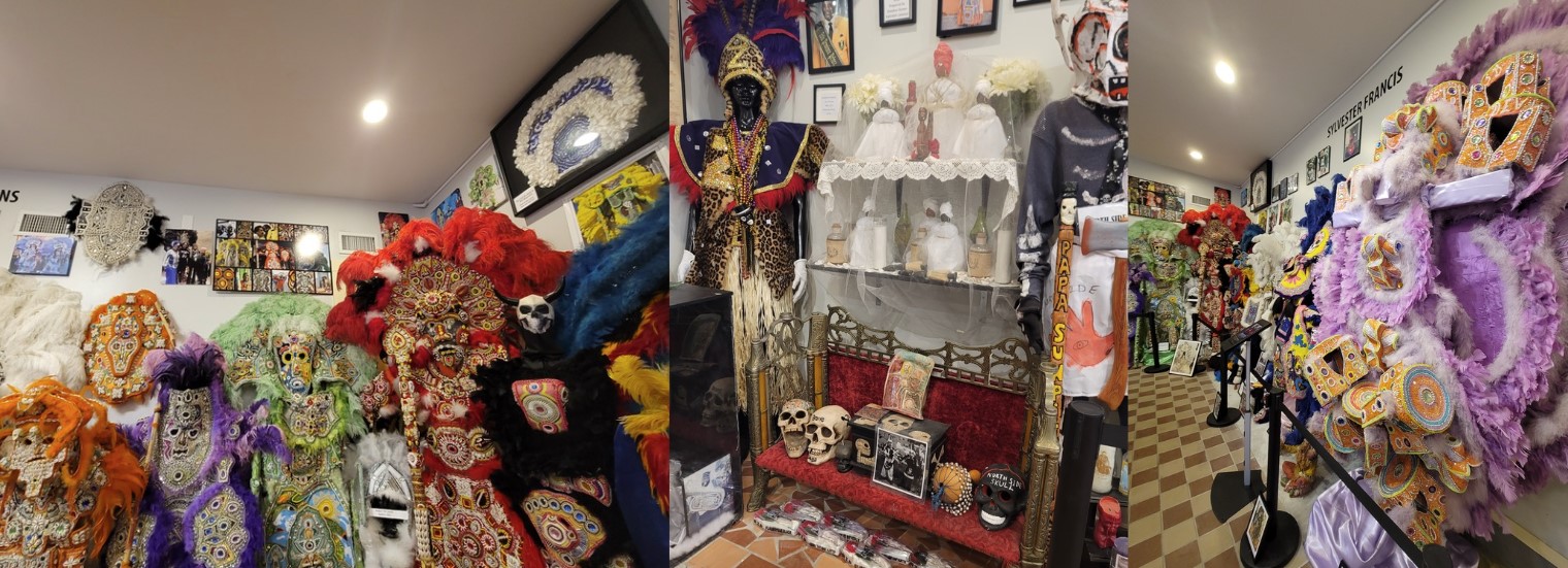 Panoramic view of a festive store filled with vibrant Day of the Dead decorations, including colorful skulls, traditional costumes, and elaborate masks.