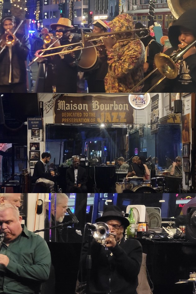 A collage of images featuring live jazz performances at Maison Bourbon in New Orleans. The top image shows musicians playing brass instruments, the middle image is the exterior view of Maison Bourbon at night, and the bottom image shows a musician playing drums and another playing a trumpet indoors.