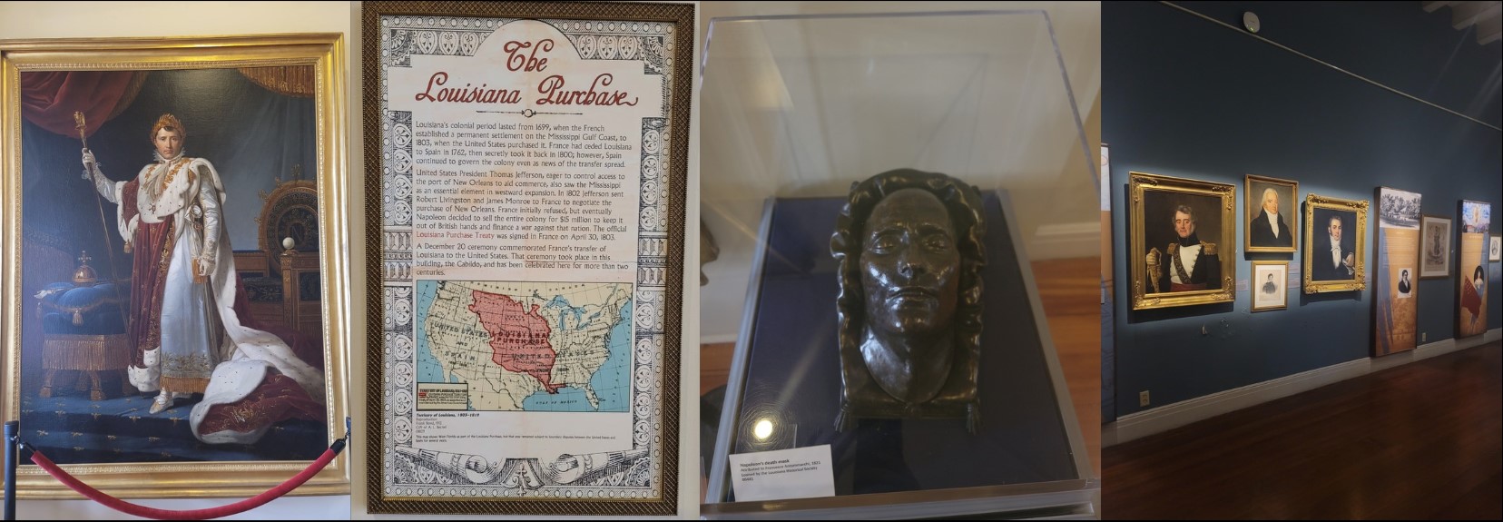 Three-part image showcasing exhibits inside the Louisiana State Museum. The left section features a historical painting and associated artifacts, the center section displays a detailed old map of the 'Louisiana Gambler', and the right section shows a wall of various framed paintings and a displayed bust in a gallery setting.