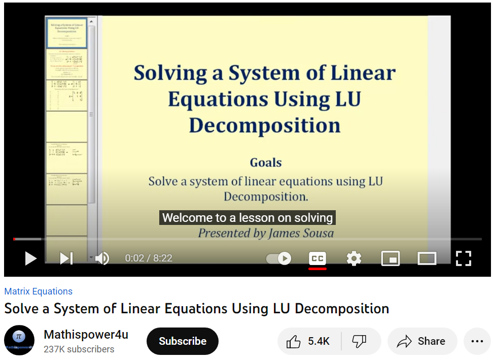 Solving a System of Linear Equations with LU Decomposition (AMS 210)