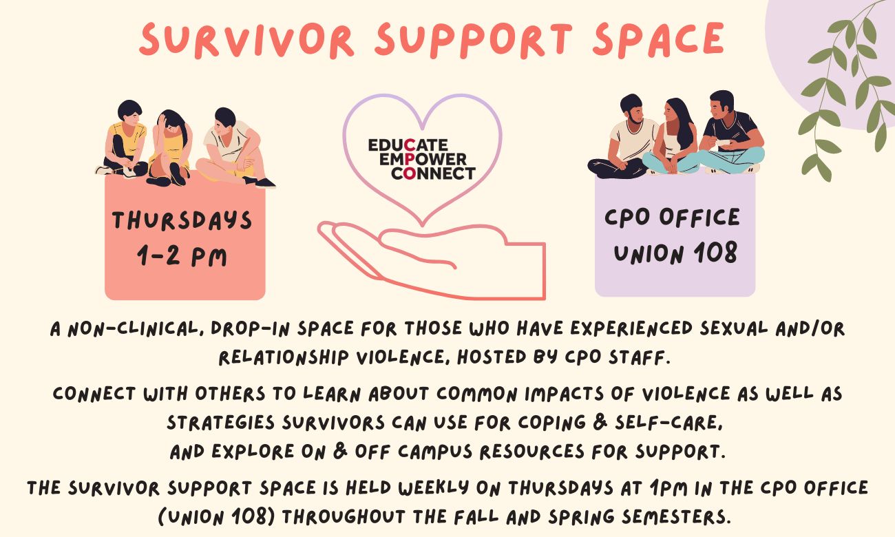 Flyer for Survivor Support Space including images of people gathereing togther and a heart held in two hands.  Text of flyer is on page underneath.