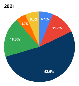 2021 Case Pie Chart Showing Relationship Violence 6.1%, Gender Discrimination 11.7%, Sexual Harassment 52.6%, Sexual Violence 18.3%, Stalking 4.7%, Not Related to Sexual MIscondcut 6.6%