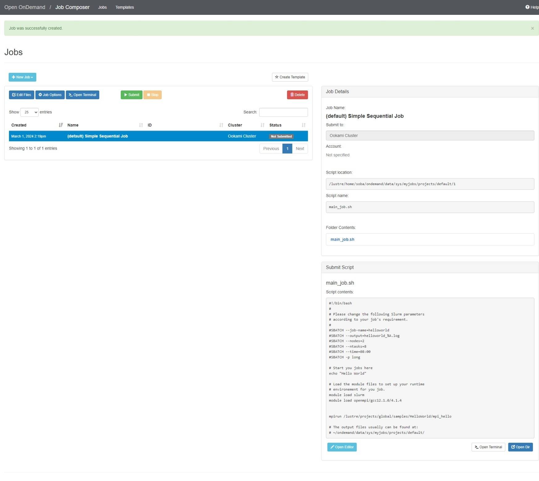 Job Composer with a job selected, showing Job Description and Script Details