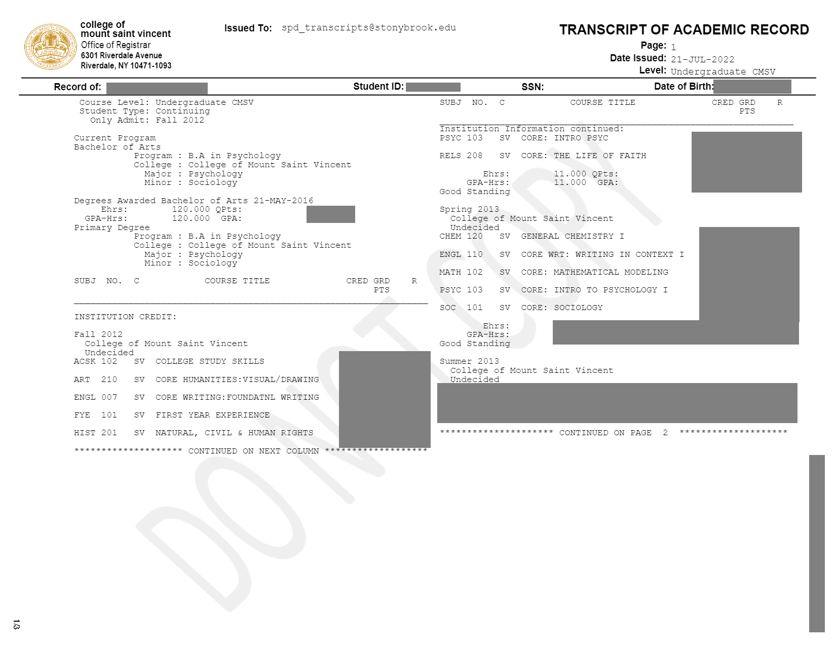 Official transcript from a College with identifying information removed.