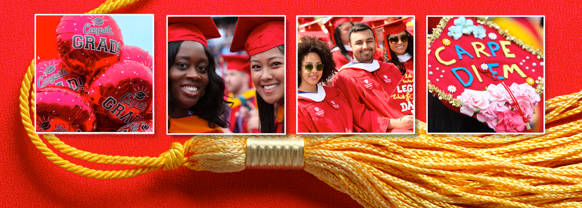 Picture of graduates, graduation cap, tassle and balloons