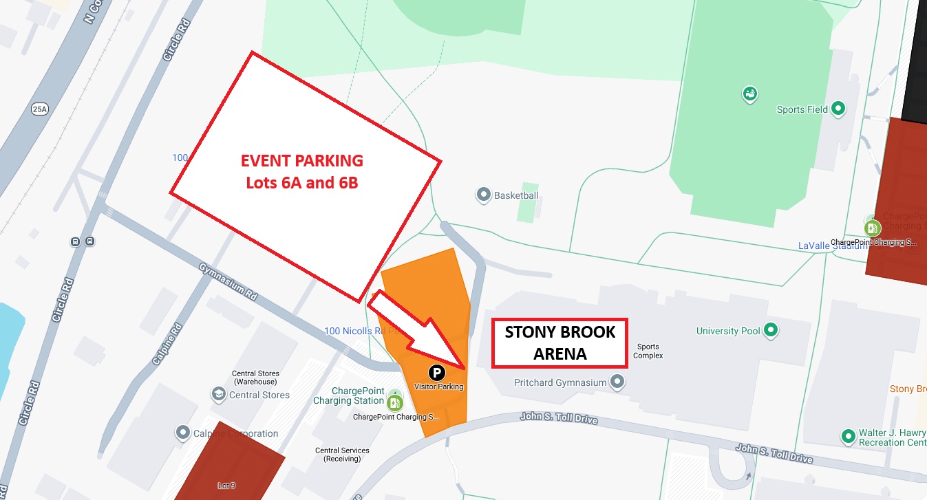 Map of Parking in Lots 6A and 6B to arrive at the Stony Brook Arena
